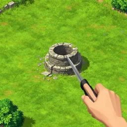 empty grass field with a destroyed stone well, at midday, from a point and click 2 d graphic adventure game, art inspired by thomas kinkade, king's quest, sierra entertainment games