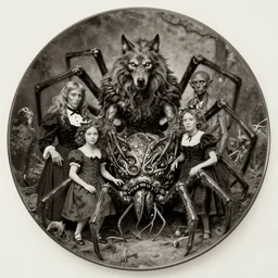 vintage photograph monochrome plate, monstrous mutant victorian family of spider people posing with an veiny meat monster and a long haired werewolf, distressed old photo, slight sepia tone