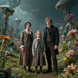 sharp, highly detailed, film from a 2 0 1 9 sci fi 8 k movie, set in 1 8 6 0, family standing in a park on a strange alien planet, surrounded by alien plants and flowers, wearing 1 8 6 0 s clothes, atmospheric lighting, in focus, reflective eyes, 3 5 mm macro lens, live action, nice composition