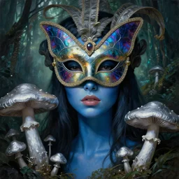 a close - up neoclassicist portrait of a bug - eyed alien girl with blue skin wearing an iridescent venetian carnival butterfly mask surrounded by silver mushrooms in a jungle. reflective textures. glowing fog in the background. highly detailed fantasy science fiction painting by norman rockwell, frank frazetta, and syd mead. rich colors, high contrast, gloomy atmosphere, dark background. artstation