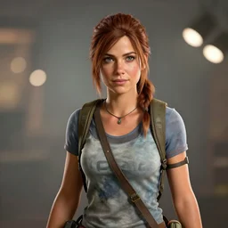 A studio photo of Elena Fisher from Uncharted, bokeh, 90mm, f/1.4
