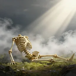 beautiful artwork illustration, a giant skeleton on ground defeated in the distance engulfed in nature, volumetric fog, godrays, high contrast, high contrast, high contrast, vibrant colors, vivid colors, high saturation, by greg rutkowski and jesper ejsing and raymond swanland, wide angle, vertical orientation