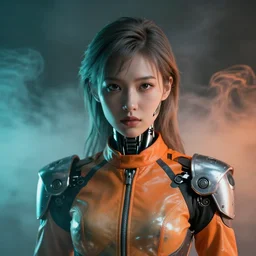 ( ( symmetry ) ) closeup portrait of a chrome mech cyborg android stunning girl, racer jumpsuit with shoulder pads, cinematic light, teal orange, viscous volumetric smoke, mist, by gerald brom, by mikhail vrubel, by peter elson, muted colors, extreme detail, trending on artstation, 8 k
