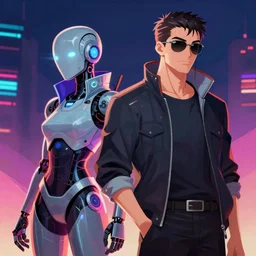 two cyberpunk businessmen, detailed digital illustration, nighttime, colorful lighting, android netrunner