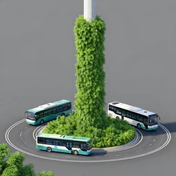 busses traveling on a. dangerous road wrapped around a tall column of overgrown plants