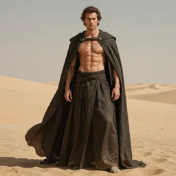 full body portrait of charles dance covered in a long cape, muscular physique, lean, fit, abs, long robe. hourglass, desert background. detailed face, concept art, intricate, highly detailed 8 k, smooth, sharp focus, handsome and aesthetic shape of face and body, artgerm, artstation, art by zexi guo and nira and junpei suzuki and