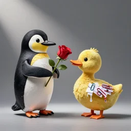 a penguin made of teeth giving a rose to duck made of dripping paperclips, a duck made of dripping paperclips, studio lighting