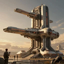 concept art by jama jurabaev, imperial brutalist sci - fi base, by james gurney, greg rutkowski, highly detailed digital art, artstation, space ships, star wars tech, golden hour, lights