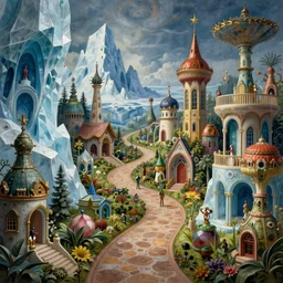 a matte painting of an impossible path winding through arctic dream worlds with surreal architecture designed by heironymous bosch, structures inspired by heironymous bosch's garden of earthly delights, surreal ice interiors by cyril rolando and asher durand and natalie shau, beguiling, epic, stunning, beautiful, insanely detailed, whimsical, intricate, mystical