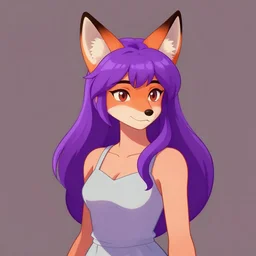 a girl with fox ears and purple hair wearing a simple sundress, this fox girl has a pronounced snout and two pointed black ears, illustration by furaffinity, deviantart, furry art