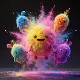 levitating colorful powder creatures with exploding dust particles, rendered with unreal engine 5, high resolution, dramatic lighting