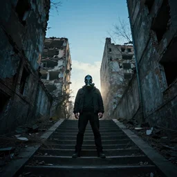 A high quality color photo of a mysterious man with a gas mask standing in the middle of a staircase alley looking in the direction of the camera :: outside, blue sky visible :: ruined city with destroyed buildings :: forest :: apocalyptic, gloomy, desolate :: long shot, low angle, dramatic backlight, symmetrical, afternoon :: cinematic shot, highly detailed