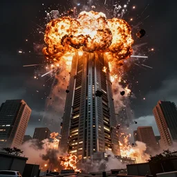explosion and the fall of the militech skyscraper, bottom viev, cyberpunk style, ultra realistic, 4 k