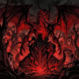 a landscape of the hell by takeshi obata and mike mignola, hell, dragons, red and black colors, colors, abandoned buildings, trees with faces, night sky, highly detailed, cgsociety, artstation, very detailed