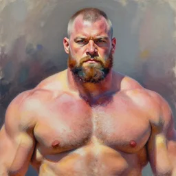 stylized gouache portrait of a strongman, pastel colours, body hair and masculinity