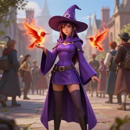 Young petite beautiful woman in slim purple wizards apprentice robes with pointy hat at a crowded magical university, a flaming magical red flame hummingbird pet, full body shot unreal engine hyperreallistic render 8k character masterpiece digital art, cell shader shading, raytracing, comic art, manga, trending on Artstation, CGSociety