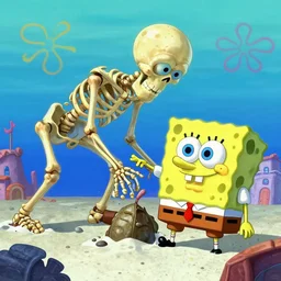 giant skeleton of spongebob crushing the village