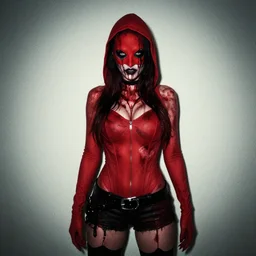 red hood cosplay, creepy, disturbing, bloody, femenine body, grainy