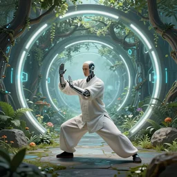 Cybernetic tai chi master in the middle of a cybernetic garden, Center Punched Symmetrical volumetric lighting, digital painting, highly detailed, artstation, sharp focus, illustration, concept art, ruan jia, steve mccurry