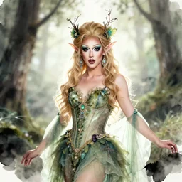 gorgeous nature fae themed drag queen. studio photography, backlighting, depth of field, 4 k, ink wash