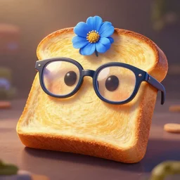 epic professional digital art of a bread toast!!! wearing 👓!!!!  and a blue flower!!!!, best on artstation, cgsociety, wlop, cosmic, epic, stunning, much detail, much wow, masterpiece, backlight