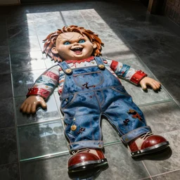 grid like floor, glass tiles in shape of screaming chucky doll