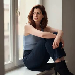 anne hathaway, digital art by ilya kuvshinov, sitting down, leaning against the window