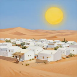 a beautiful painting of a village in the desert, white houses, two suns