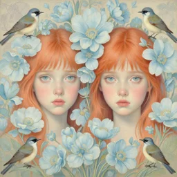 breathtaking detailed concept art painting portrait in pastel colors of two girls with light blue flowers and birds, carroty hair, with anxious piercing eyes, illustration pattern background with bizarre compositions blend of flowers and birds by hsiao - ron cheng and john james audubon, exquisite detail, 8 k