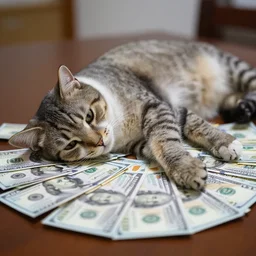 cat relaxing on a pile of money on a table, dslr, f3.5
