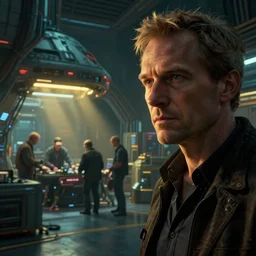 closeup of a master architect at the spacecraft docks with engineers working at the background, cyberpunk, moody, luminescent, rule of thirds, golden ratio, ambient lighting, syd mead, greg rutkowski, wlop, artgerm, artstation, highly detailed masterpiece
