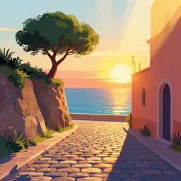 a lonely cobblestone street with a tree on a cliff over the sea at sunset, brightly illuminated by rays of sun, colorful vector illustration