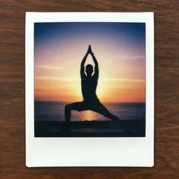 vintage polaroid photo, silhouette of a man doing yoga, at a beautiful sunset, highly detailed, colorful,
