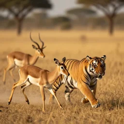 two animals in a photo, an antelope and a tiger, the antelope is chasing the tiger, golden hour, 6 0 0 mm, wildlife photo, national geographics
