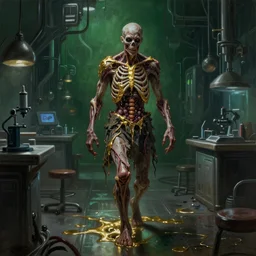 realistic painting of a dark sci-fi laboratory at night, dark green ambient, zombiewalking dressed in rags made of guts and veins dripping golden shiny metalic fluid from ribcage to the floor. liquid shiny pool of gold on the floor.