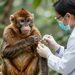 getting a vaccine shot, Doctor is a Monkey!!!!!!!! Hyper realistic, National Geographic photo, 8k