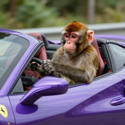monkey driving a purple Ferrari