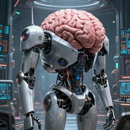 detailed futuristic robot with huge brain at the big scifi data center. high detailed ultrawide render by artgerm, hajime sorayama and eddie mendoza