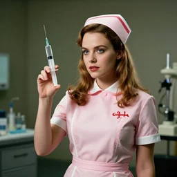 sasha grey in 1 9 6 0 s nurse outfit posing with a syringe, 4 k, art station cinematic lighting
