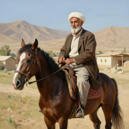 elderly kurdish man riding a horse in a kurdish village, art by noah bradley, award winning art, extremely detailed, 8 k, high resolution