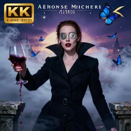 hyperrealistic portrait of amber heard as a vampire witch in a black coat with eyes covered by silver coins, sapphire butterflies in a mystic clouds smoke fog sky stars at dusk, wine pouring in through stone gutters. by jeremy mann and alphonse mucha, fantasy art, photo realistic, dynamic lighting, artstation, poster, volumetric lighting, very detailed faces, medium shot, 4 k, award winning