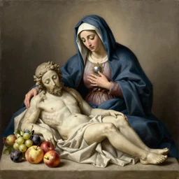 la pieta ultrarealistic ultradetailed painting of catholic veiled lady beside fruits, still life, greg rutkowski, immerse, 1 9 th century, slime, special effects makeup, maximalist, glittering, gold, ivory, hyperreal, golden ratio, alphonse mucha