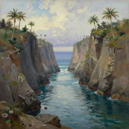 a long, narrow, deep tropical inlet of the pacific sea between high cliffs, palm trees, extremely detailed oil painting, sargent and leyendecker, savrasov levitan polenov, bruce pennington, tim hildebrandt, digital art, landscape painting, trending on artstation, masterpiece