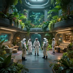 people in space uniforms hanging out in a well lit spaceship main hall with lush green gardens and living quarters, cyberpunk, moody, luminescent, rule of thirds, fresh, golden ratio, ambient lighting, syd mead, greg rutkowski, wlop, artgerm, trending on artstation, highly detailed masterpiece