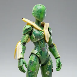stunning person completely made out of chipped green paint, banana peel, pc circuitry and white glossy plastic, greg rutkowski, intricate design, high detail!!, trending on artstation, rule of thirds, 4 k, character design