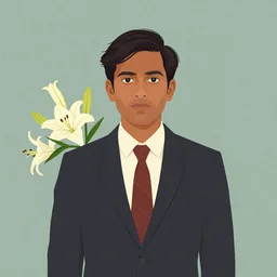 artwork by Wes Anderson, of a solo individual portrait of an Indian guy with lilies, dapper, simple illustration, domestic, nostalgic, full of details, Matte painting, trending on artstation and unreal engine
