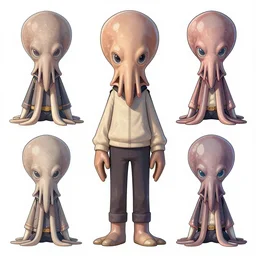 various character sheets with character with a squid for a head wearing a long vampire cloak made from dark wispy smoke in the style of old vintage greeting cards