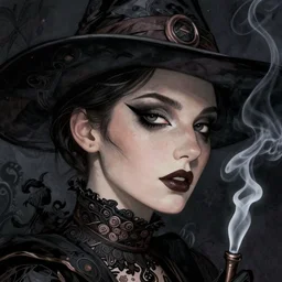 A smoking witch closeup filled background around face, fantasy magic, undercut hairstyle, dark light night, intricate, elegant, sharp focus, illustration, highly detailed, digital painting, concept art, matte, art by WLOP and Artgerm and Greg Rutkowski and Alphonse Mucha, masterpiece