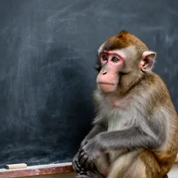 Photograph of a monkey looking at a blackboard, but the monkey is confused. Detailed photo, realistic, 4k