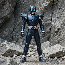 High Fantasy Kamen Rider standing in a rock quarry, full body, 4k, glowing eyes, daytime, rubber suit, dark blue segmented armor, dragon inspired armor